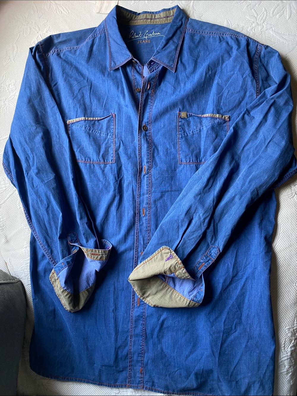 Robert Graham Blue Denim Shirt Jacket with Contrast Trim